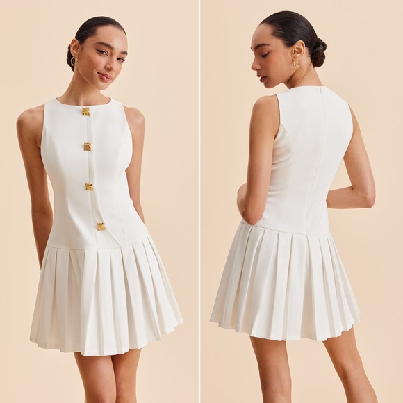 Commense Dresses & Skirts - NWT | Commense | Metal-Button Pleated Tank Dress in White | Sz XS